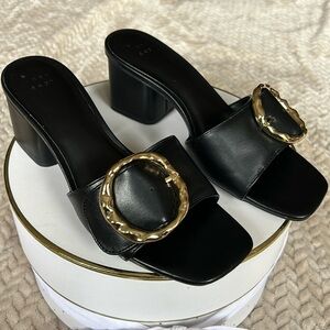 Black Mules with Block Heel and Buckle Accent